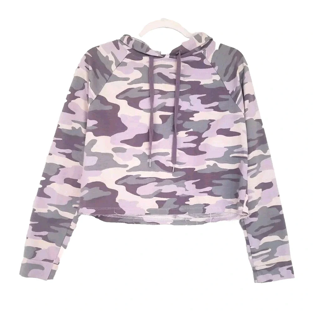 Wild Fable‎ Purple & Gray Camo Crop Raw Hem Hoodie. Size Small - Picture 2 of 11